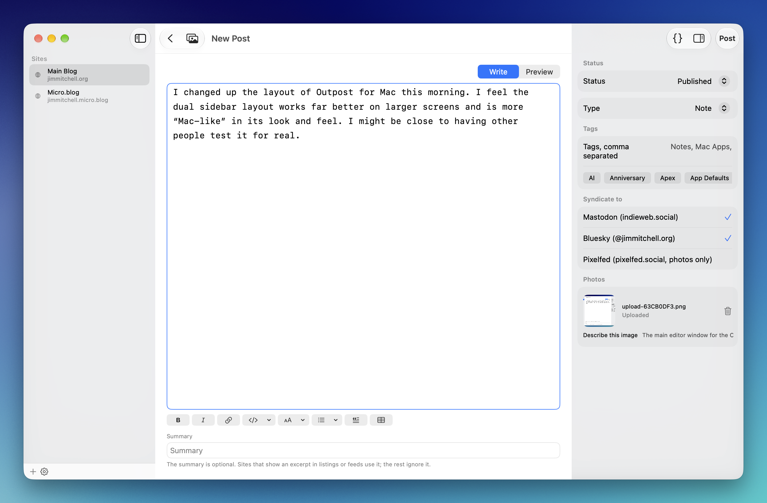 The main editor window for the OutPost Micropub editor.